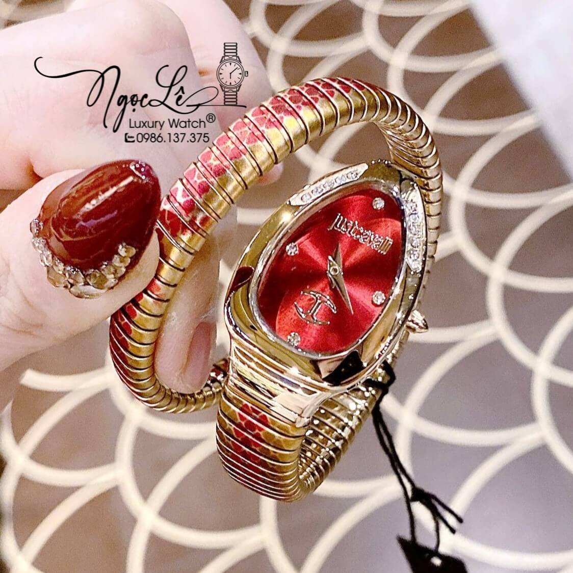 Đồng Hồ Nữ Just Cavalli Rắn Quấn Vòng Dây Kim Loại Màu Vàng Mix Đỏ Size 23mm