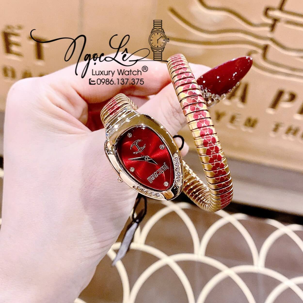 Đồng Hồ Nữ Just Cavalli Rắn Quấn Vòng Dây Kim Loại Màu Vàng Mix Đỏ Size 23mm