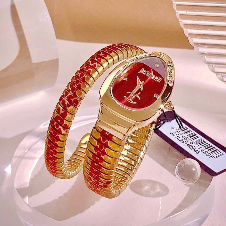 Đồng Hồ Nữ Just Cavalli Rắn Quấn Vòng Dây Kim Loại Màu Vàng Mix Đỏ Size 23mm