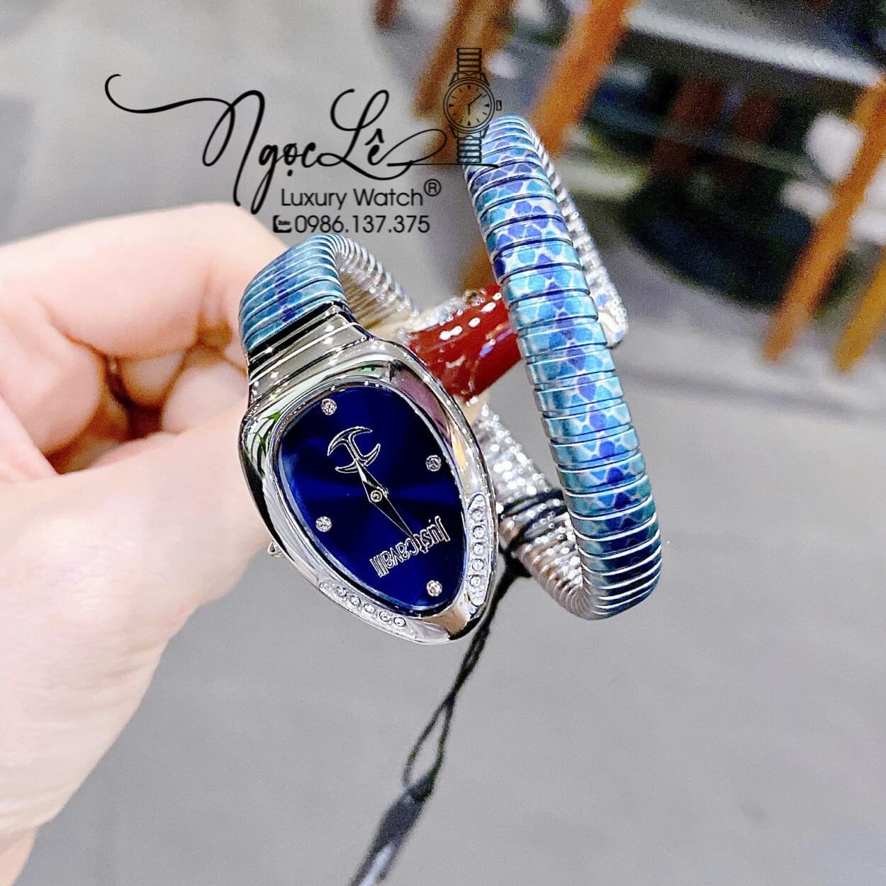 Đồng Hồ Nữ Just Cavalli Rắn Quấn Vòng Dây Kim Loại Màu Xanh Coban Size 23mm