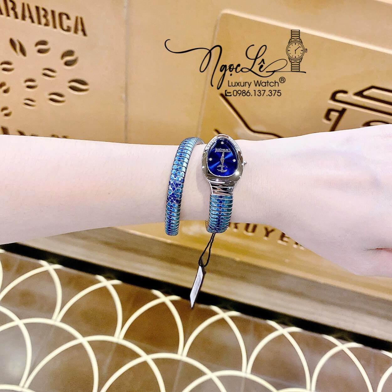 Đồng Hồ Nữ Just Cavalli Rắn Quấn Vòng Dây Kim Loại Màu Xanh Coban Size 23mm