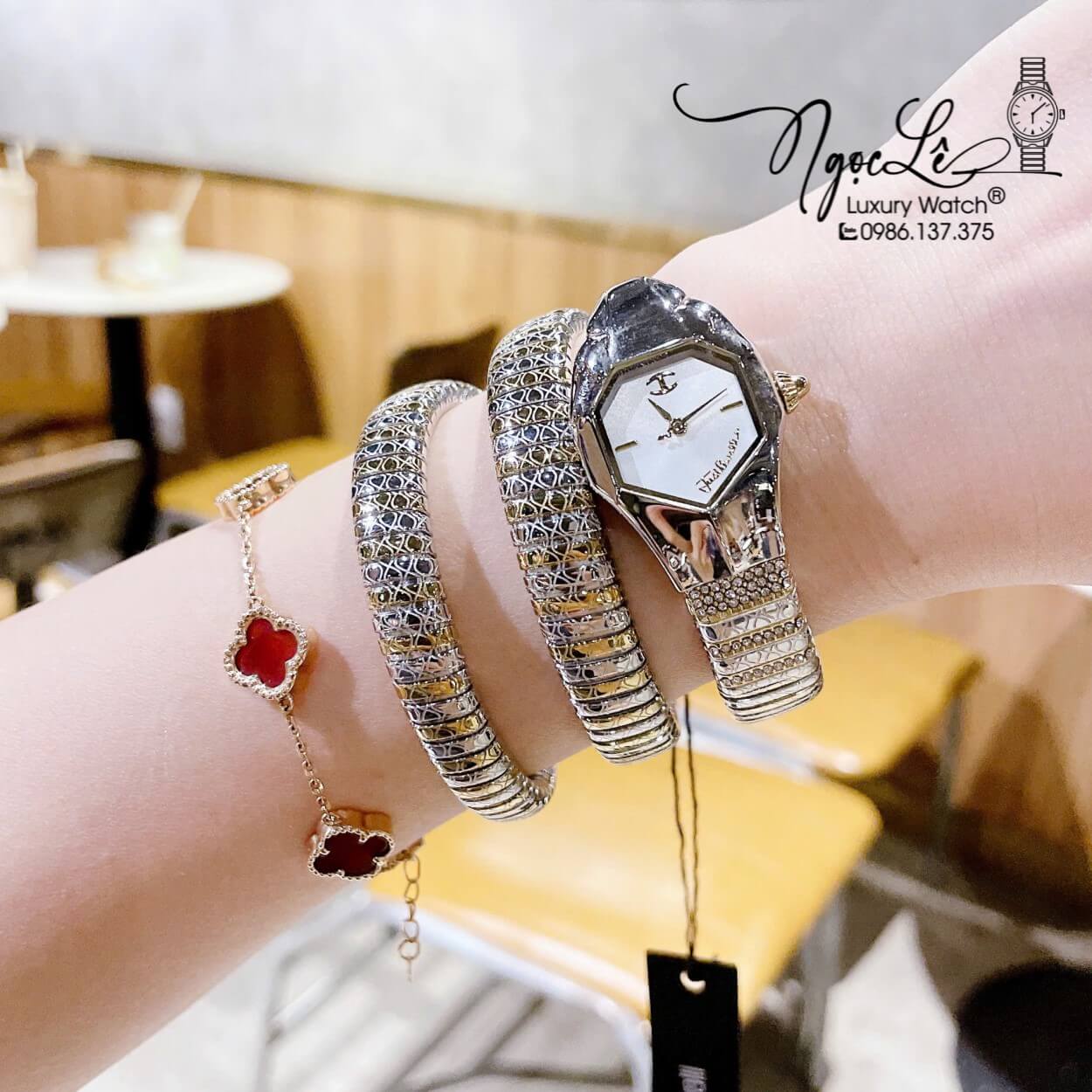 Đồng Hồ Nữ Just Cavalli Rắn Quấn Vòng Màu Demi Vàng Gold Mặt Trắng Size 23mm