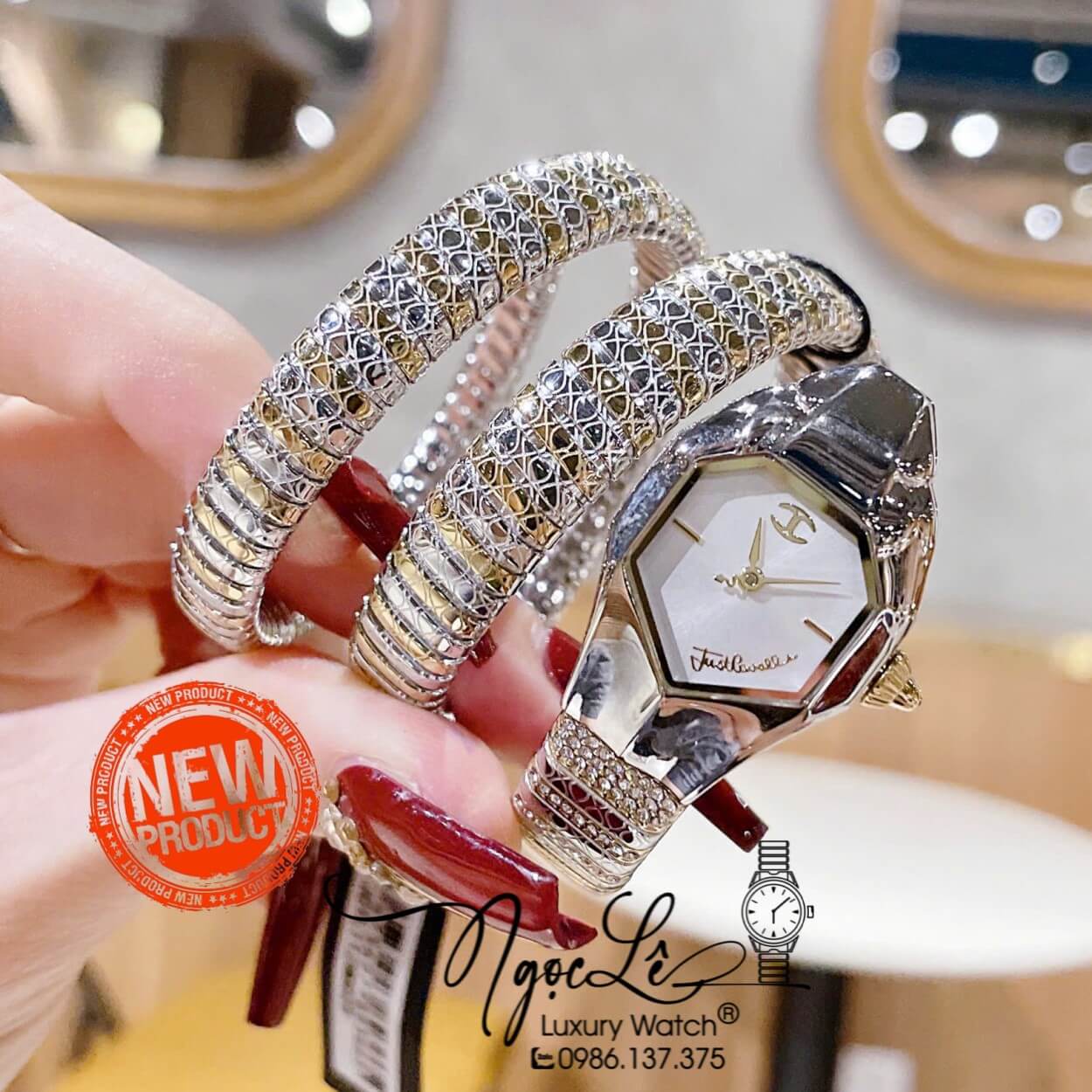 Đồng Hồ Nữ Just Cavalli Rắn Quấn Vòng Màu Demi Vàng Gold Mặt Trắng Size 23mm