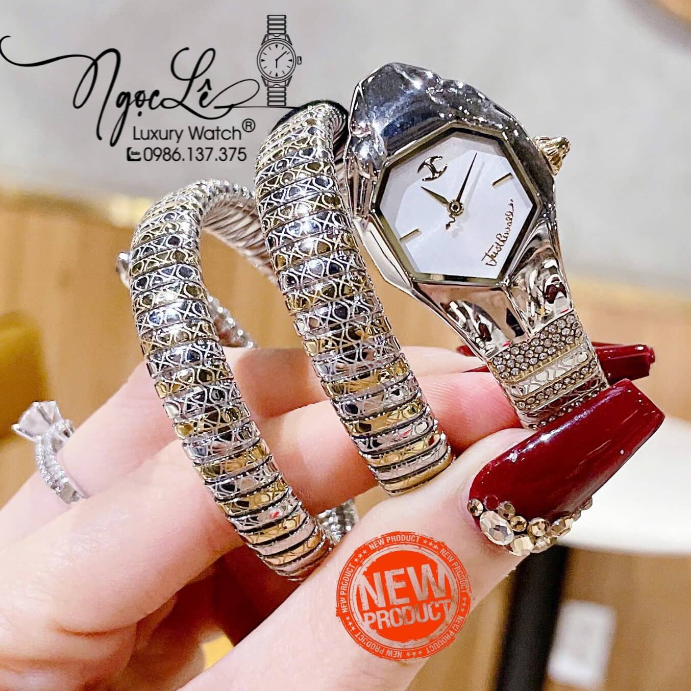 Đồng Hồ Nữ Just Cavalli Rắn Quấn Vòng Màu Demi Vàng Gold Mặt Trắng Size 23mm