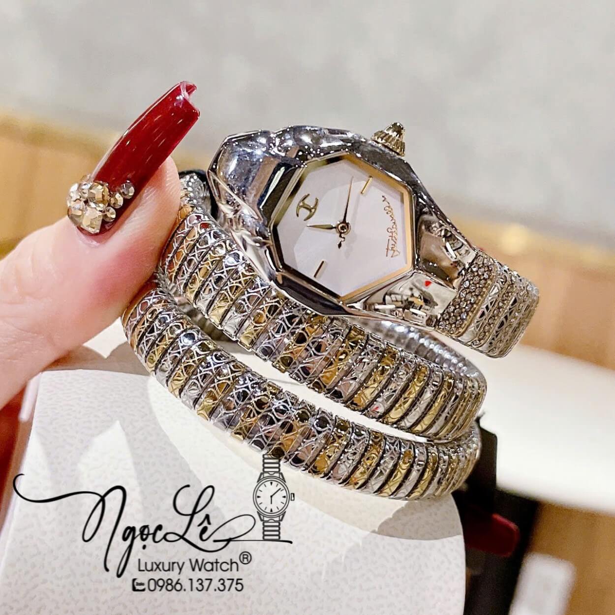 Đồng Hồ Nữ Just Cavalli Rắn Quấn Vòng Màu Demi Vàng Gold Mặt Trắng Size 23mm