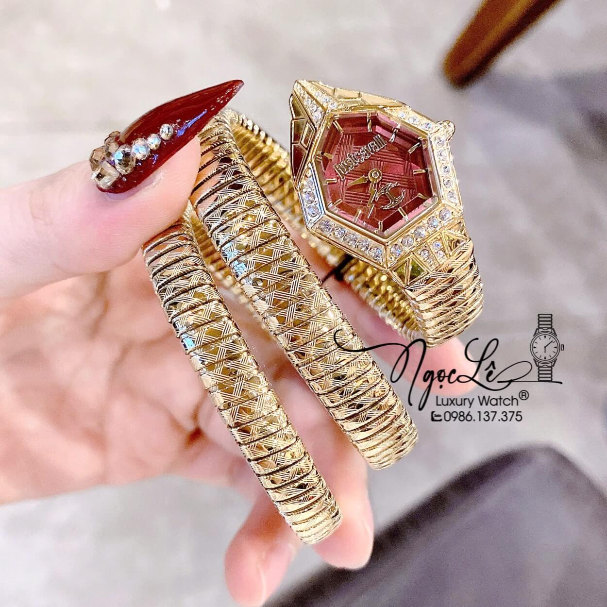 Đồng Hồ Nữ Just Cavalli Rắn Quấn Vòng Màu Vàng Gold Mặt Đỏ Lì Size 23mm