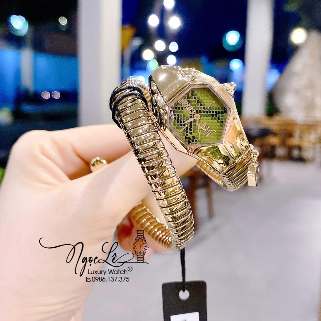 Đồng Hồ Nữ Just Cavalli Rắn Quấn Vòng Màu Vàng Gold Mặt Xanh Lá Size 23mm