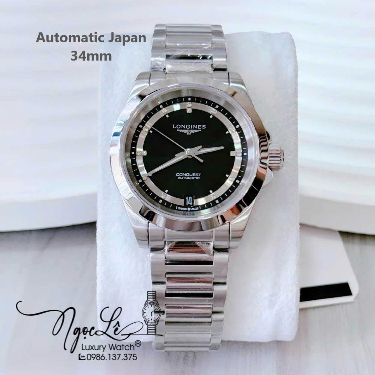 Đồng Hồ Nữ Longines Conquest Tự Động Inox Sapphire Mặt Đen Silver 34mm