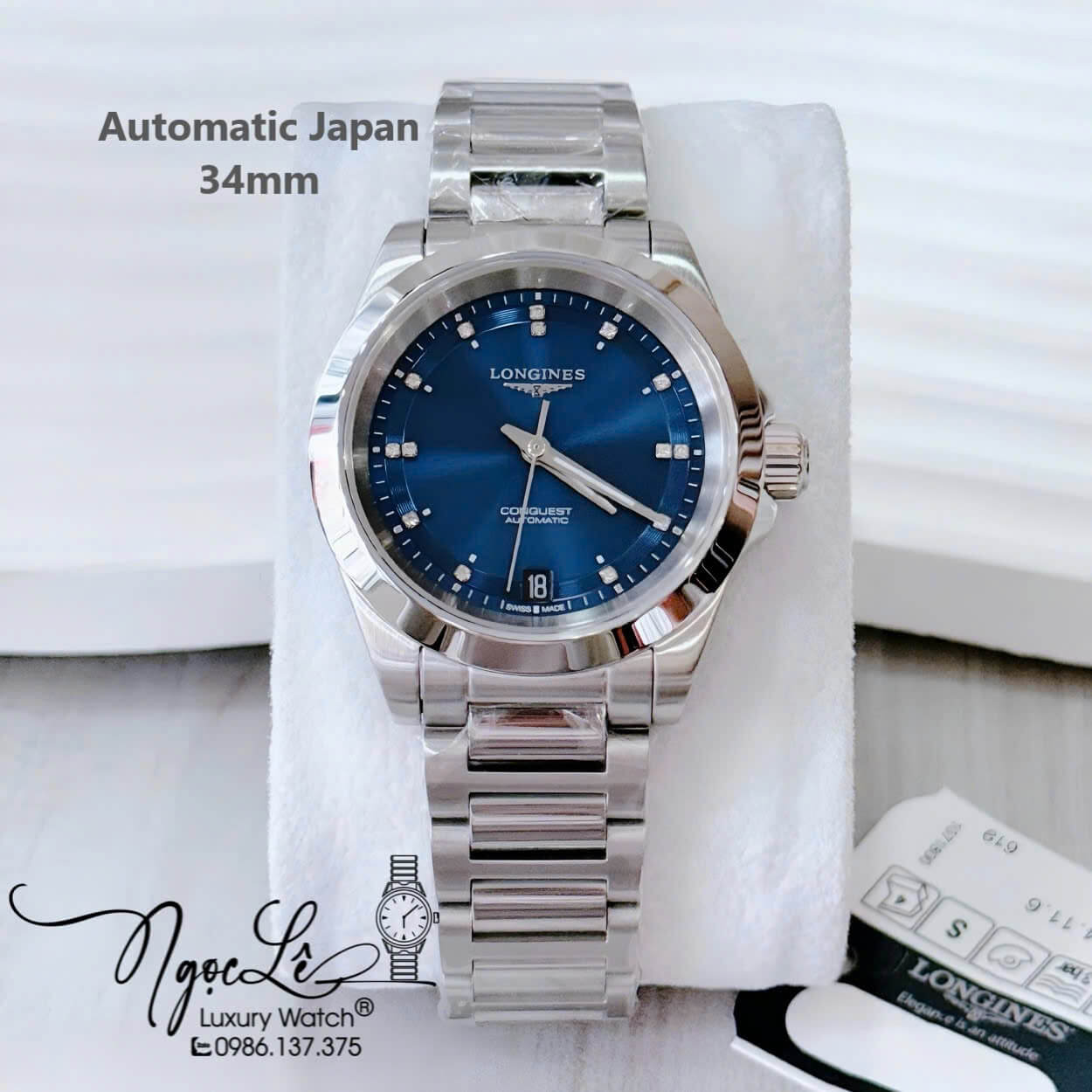 Đồng Hồ Nữ Longines Conquest Tự Động Inox Sapphire Mặt Xanh Dương Silver 34mm