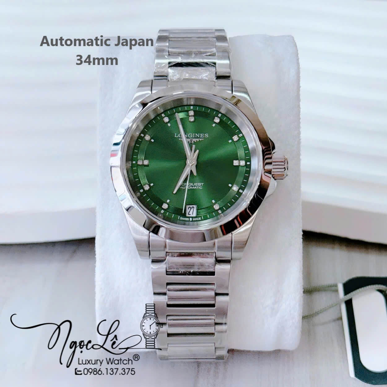 Đồng Hồ Nữ Longines Conquest Tự Động Inox Sapphire Mặt Xanh Lá Silver 34mm