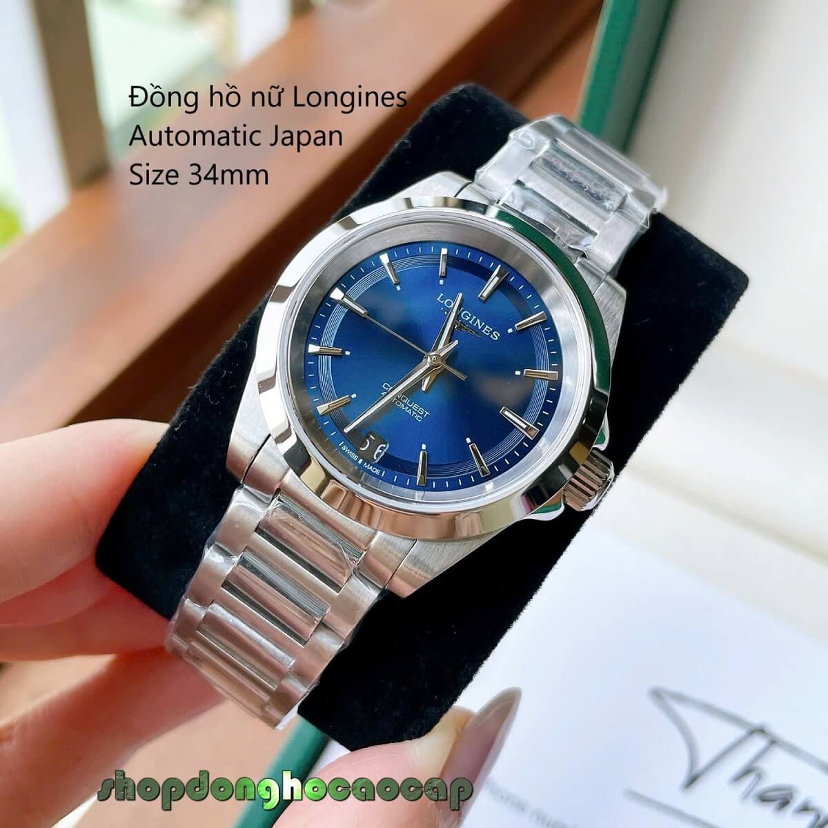 Đồng Hồ Nữ Longines Máy Tự Động Mặt Xanh Dương Kim Loại Silver Size 34mm