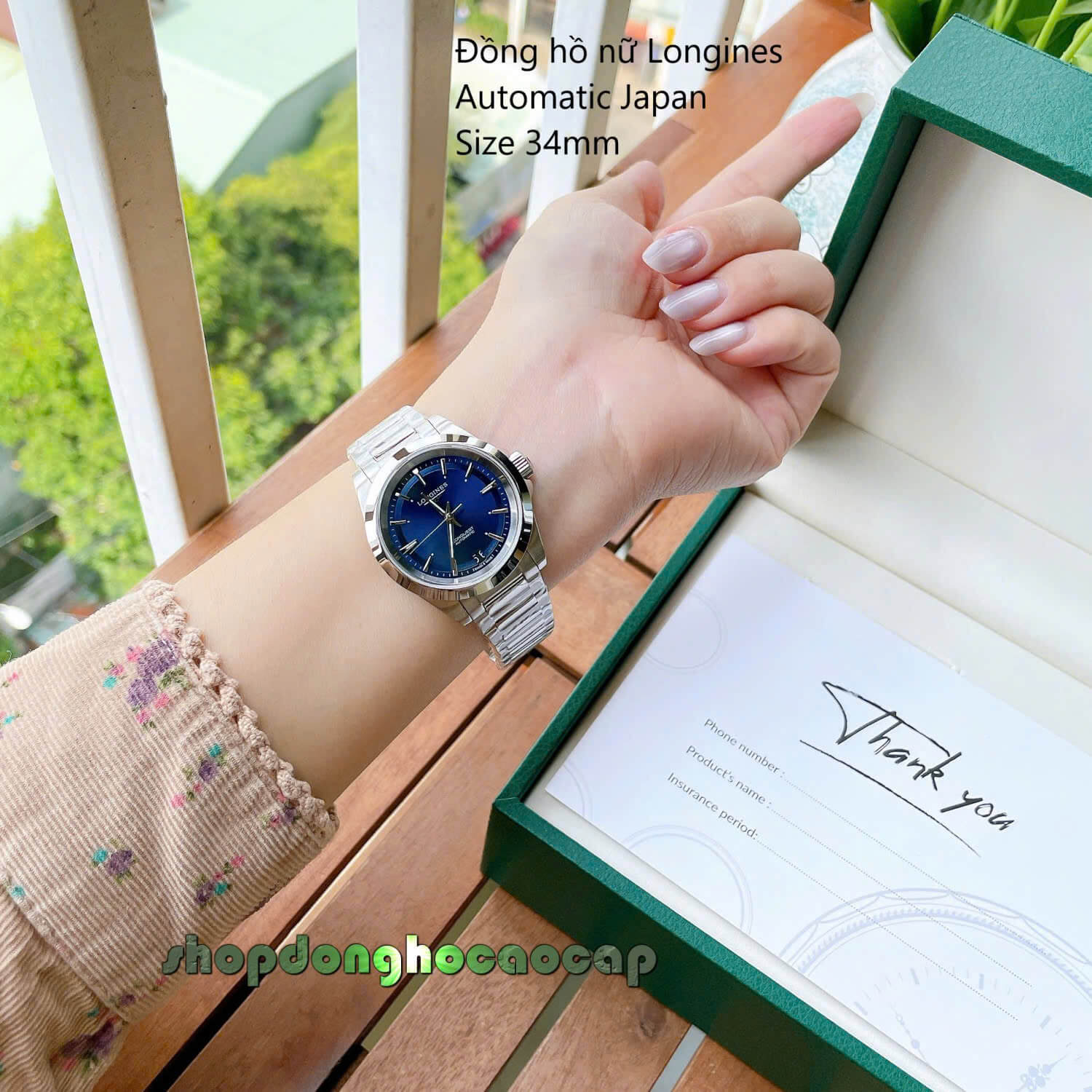 Đồng Hồ Nữ Longines Máy Tự Động Mặt Xanh Dương Kim Loại Silver Size 34mm