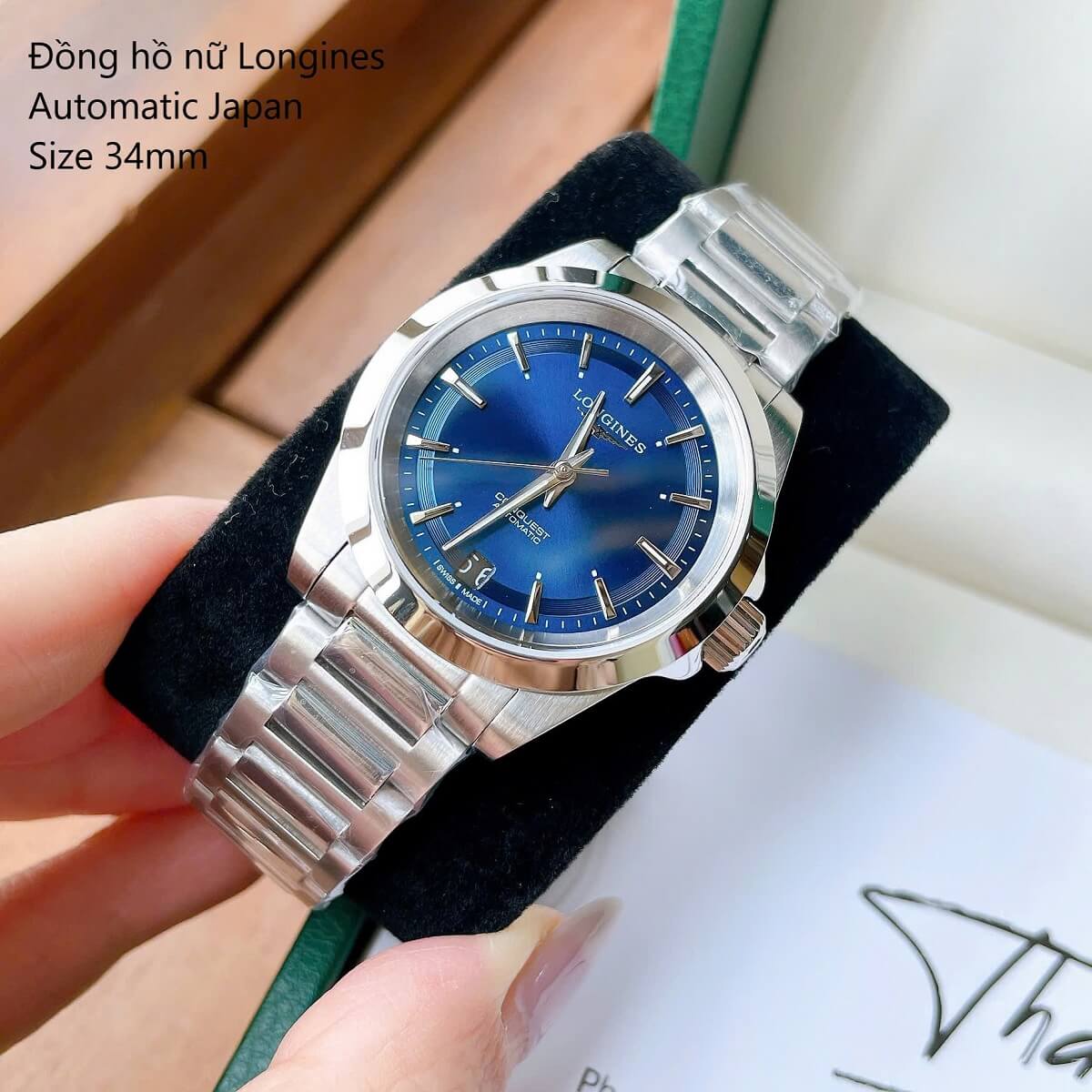 Đồng Hồ Nữ Longines Máy Tự Động Mặt Xanh Dương Kim Loại Silver Size 34mm