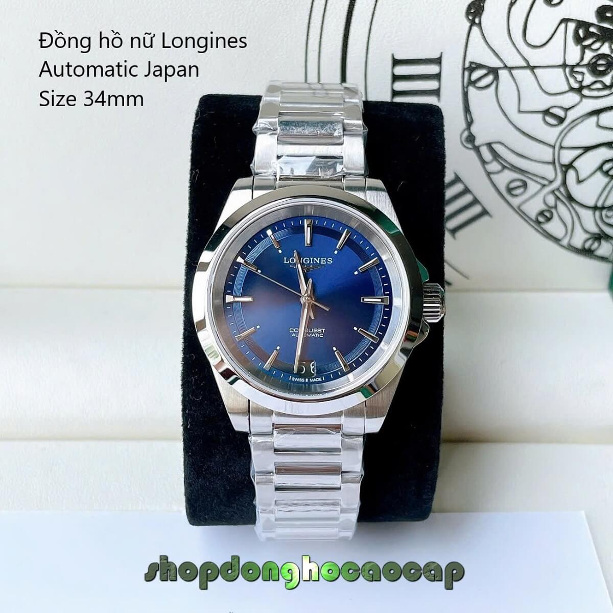 Đồng Hồ Nữ Longines Máy Tự Động Mặt Xanh Dương Kim Loại Silver Size 34mm