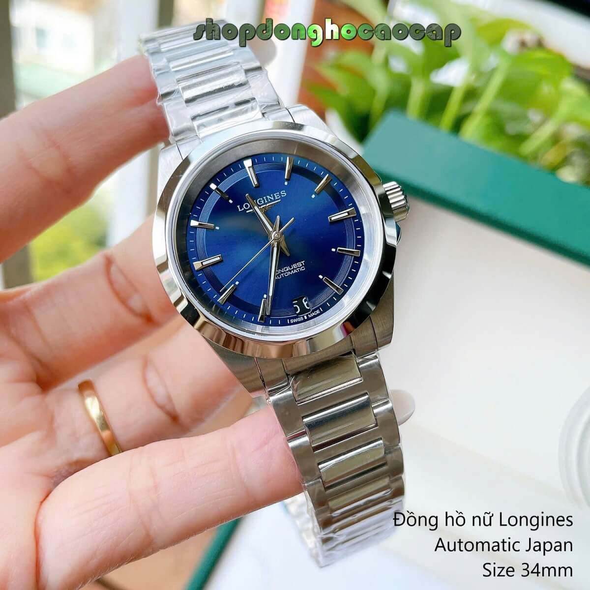 Đồng Hồ Nữ Longines Máy Tự Động Mặt Xanh Dương Kim Loại Silver Size 34mm
