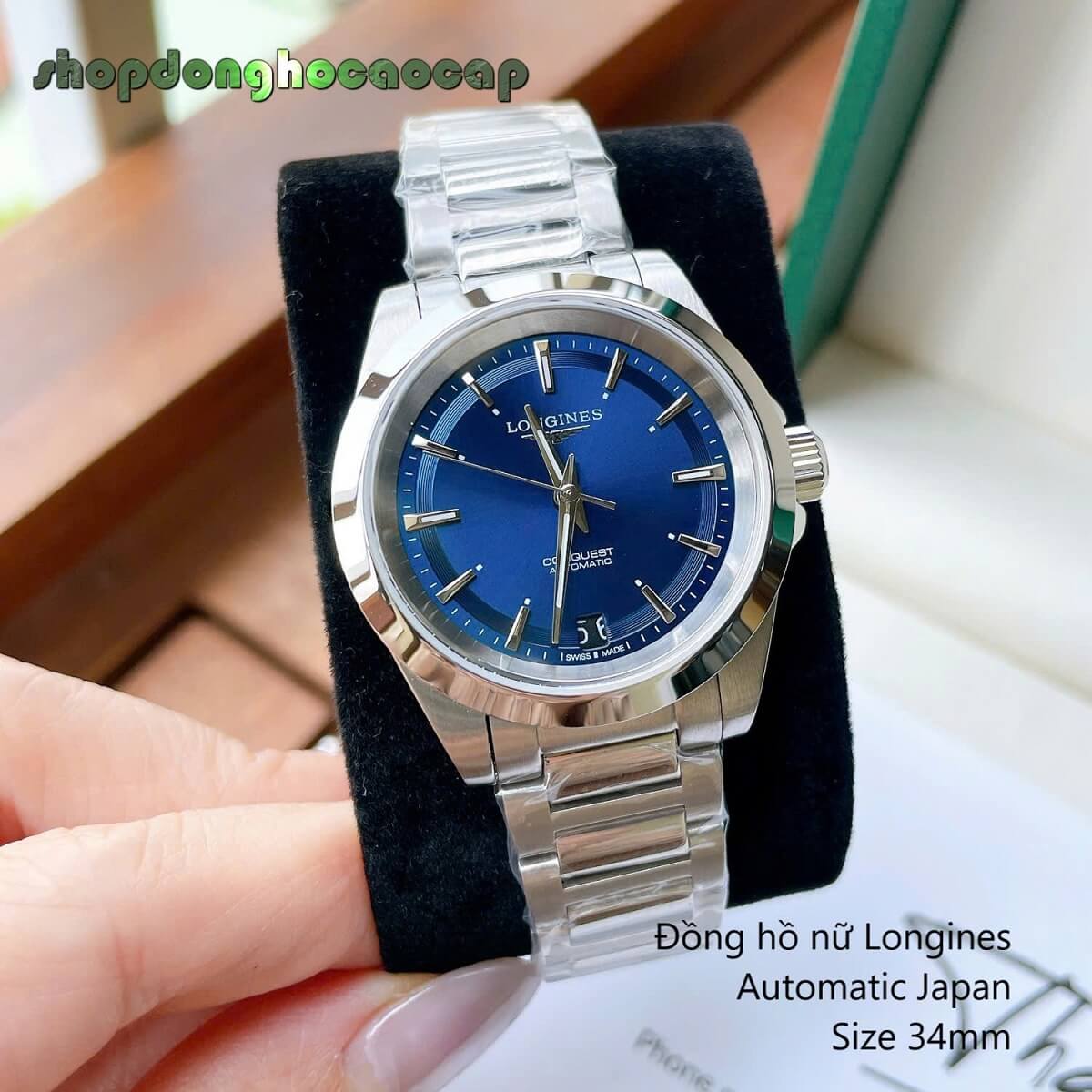 Đồng Hồ Nữ Longines Máy Tự Động Mặt Xanh Dương Kim Loại Silver Size 34mm