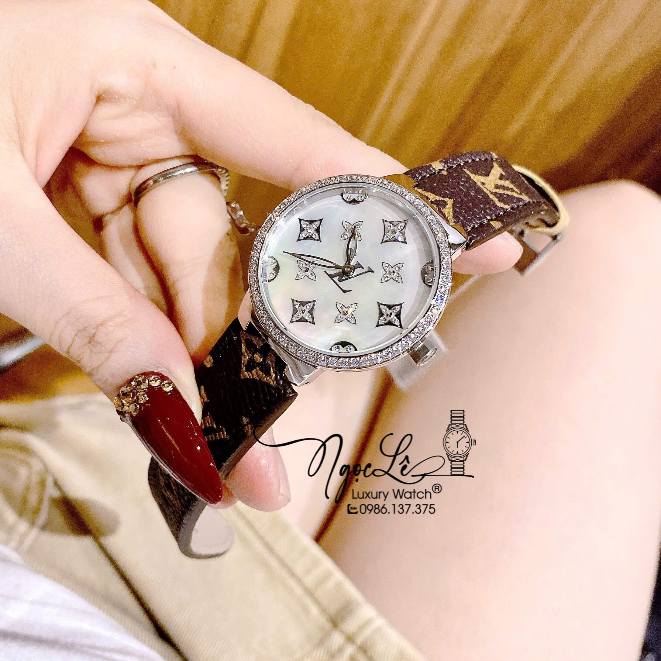 Đồng Hồ Louis Vuitton Nữ Dây Da Nâu Siêu Cấp Replica Size 34mm