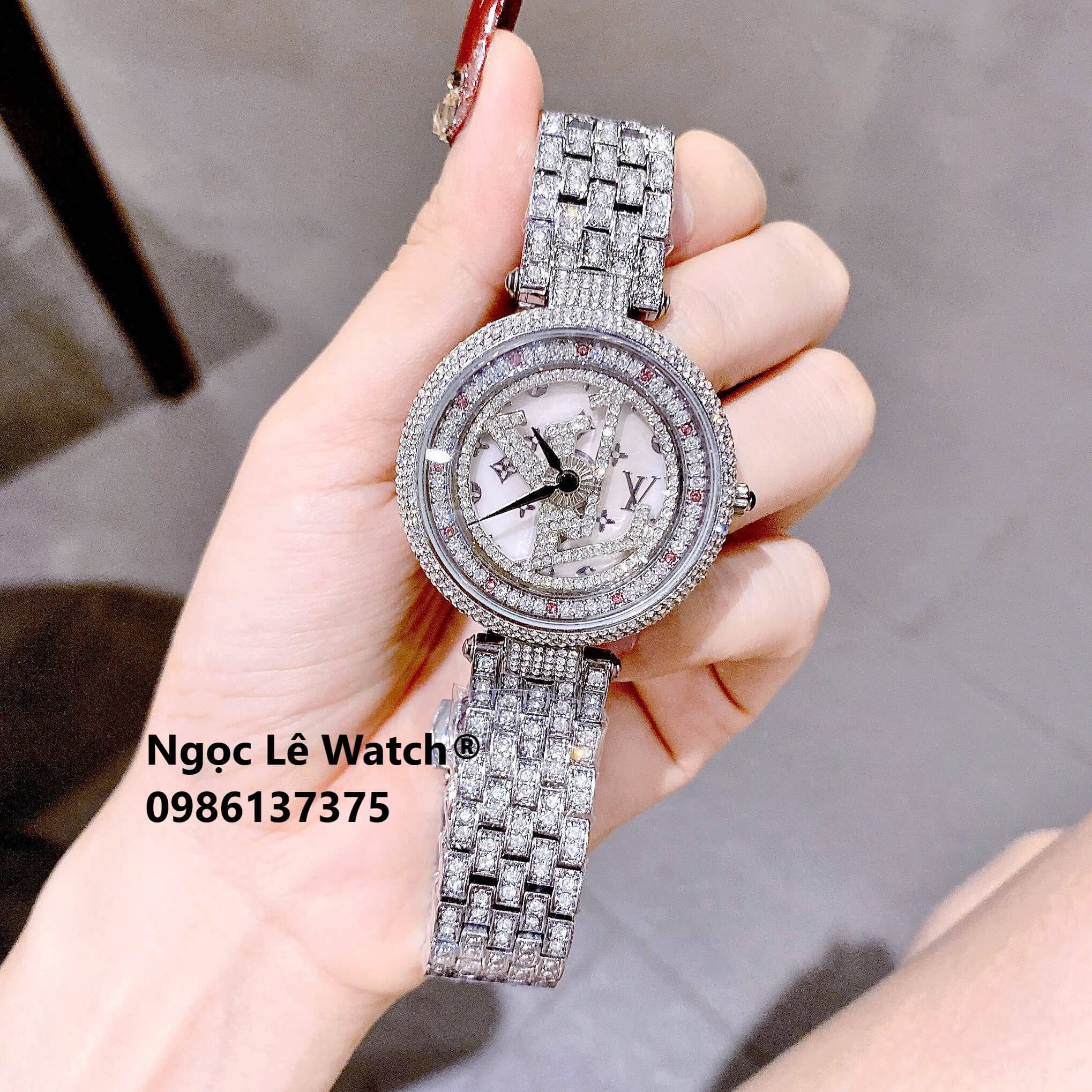 Đồng Hồ Nữ Louis Vuitton Dây Kim Loại Đính Đá Mặt Xoay Cao Cấp Size 38mm - Quartz