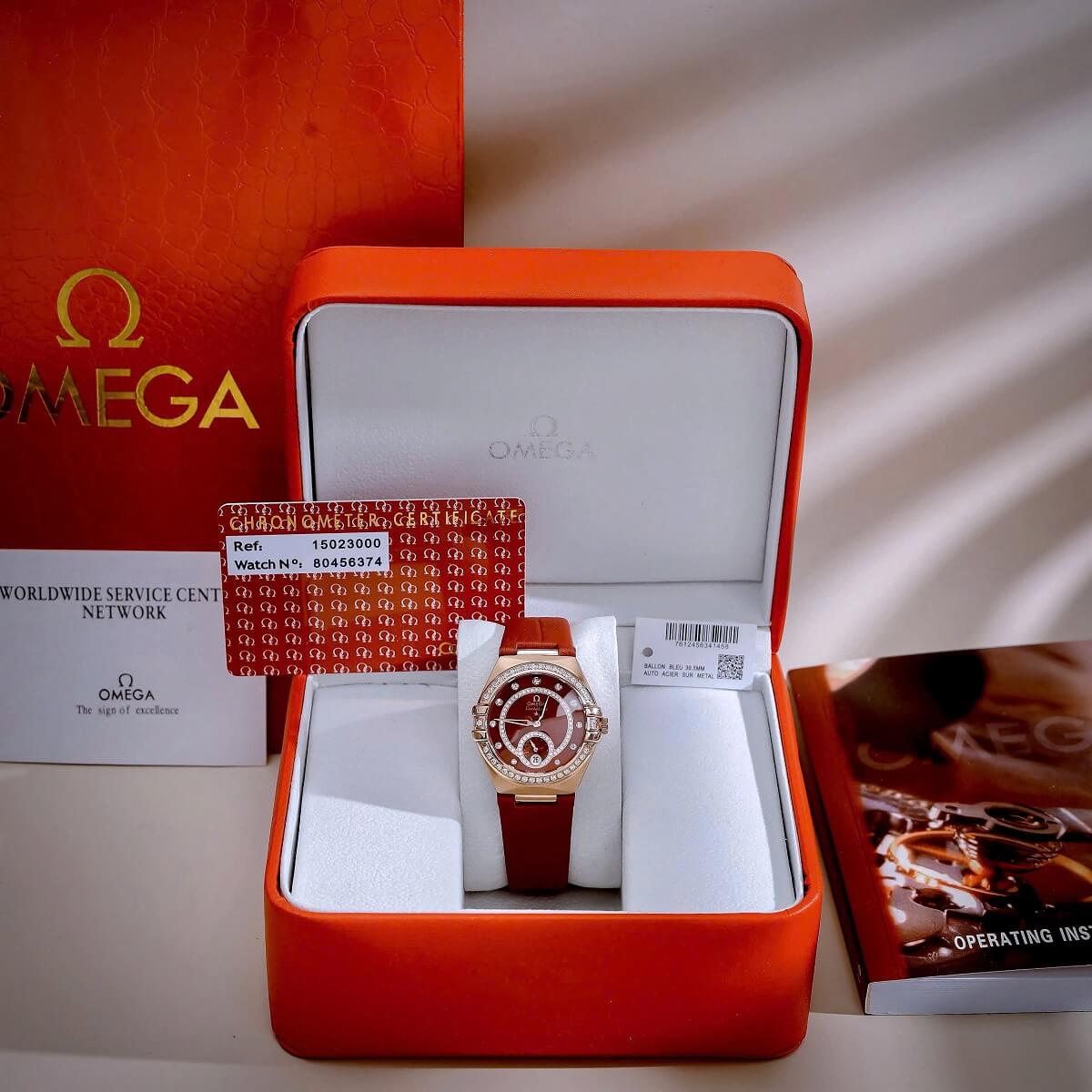 Đồng Hồ Nữ Omega Constellation Dây Da Đỏ Kính Sapphire Vỏ Rose Size 34mm