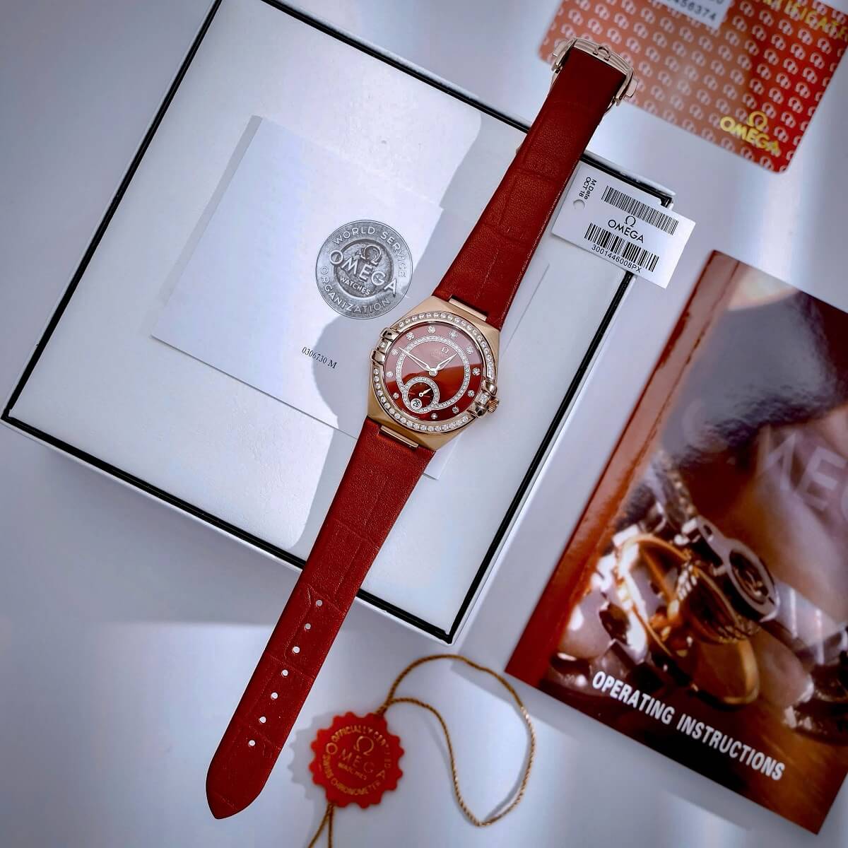 Đồng Hồ Nữ Omega Constellation Dây Da Đỏ Kính Sapphire Vỏ Rose Size 34mm