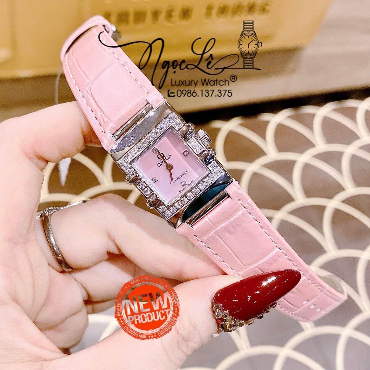 Đồng Hồ Nữ Omega Constellation Dây Da Hồng Mặt Vuông Xà Cừ Viền Đá Size 22x28mm - Quartz Japan
