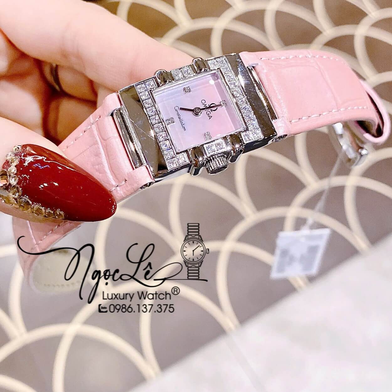 Đồng Hồ Nữ Omega Constellation Dây Da Hồng Mặt Vuông Xà Cừ Viền Đá Size 22x28mm - Quartz Japan