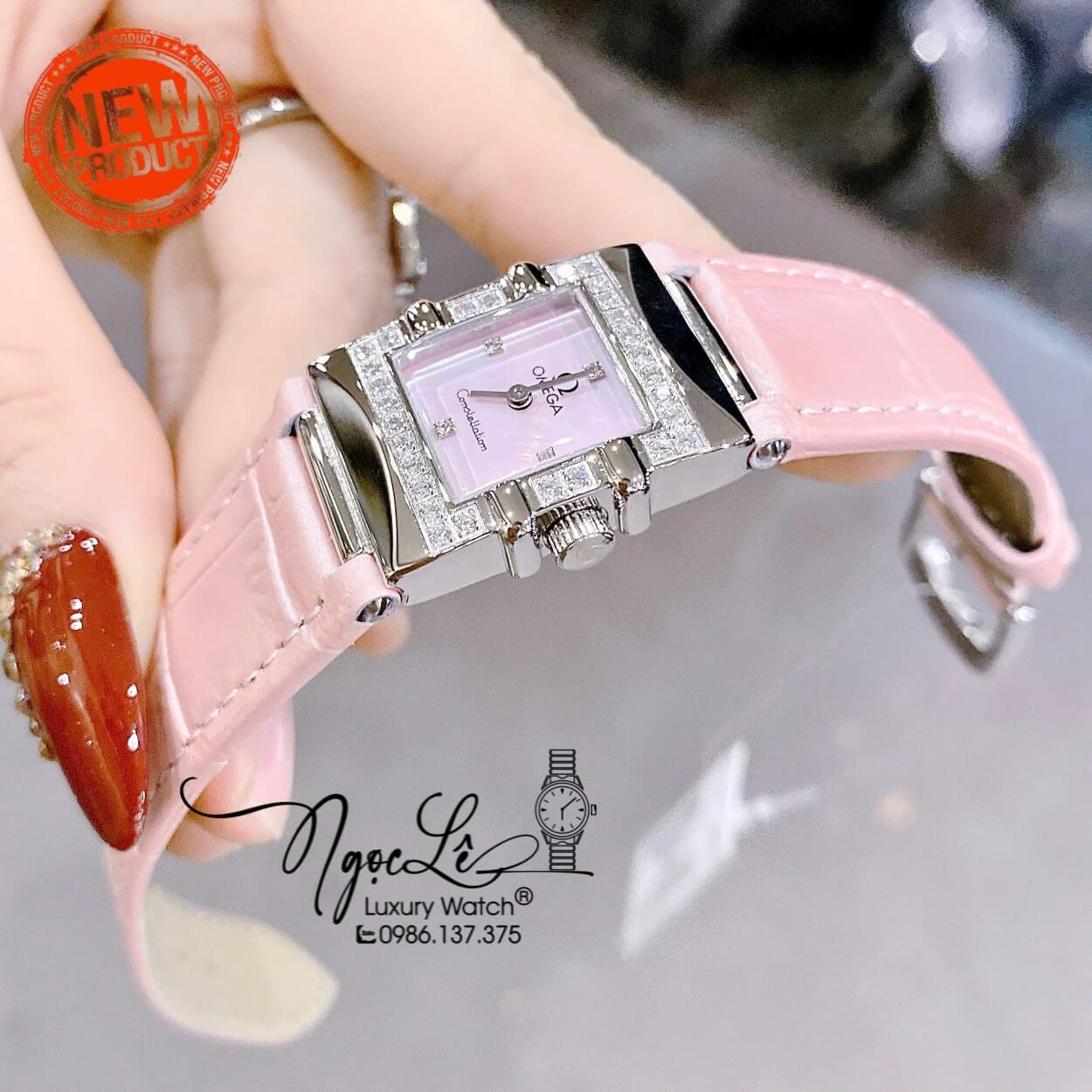 Đồng Hồ Nữ Omega Constellation Dây Da Hồng Mặt Vuông Xà Cừ Viền Đá Size 22x28mm - Quartz Japan