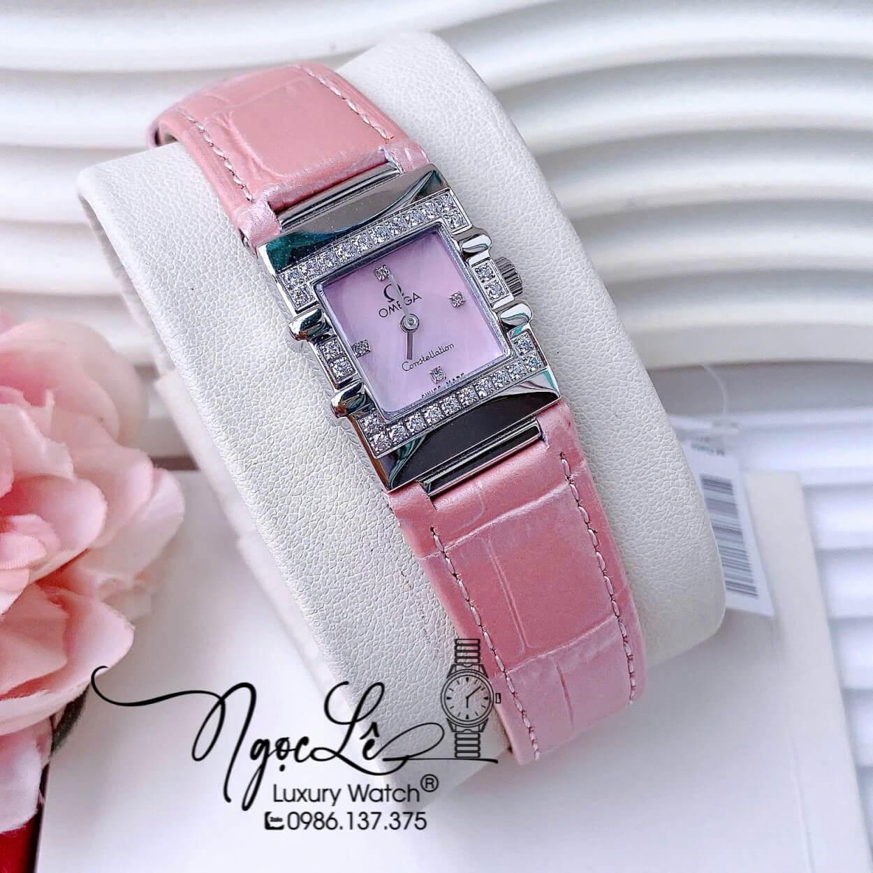 Đồng Hồ Nữ Omega Constellation Dây Da Hồng Mặt Vuông Xà Cừ Viền Đá Size 22x28mm - Quartz Japan