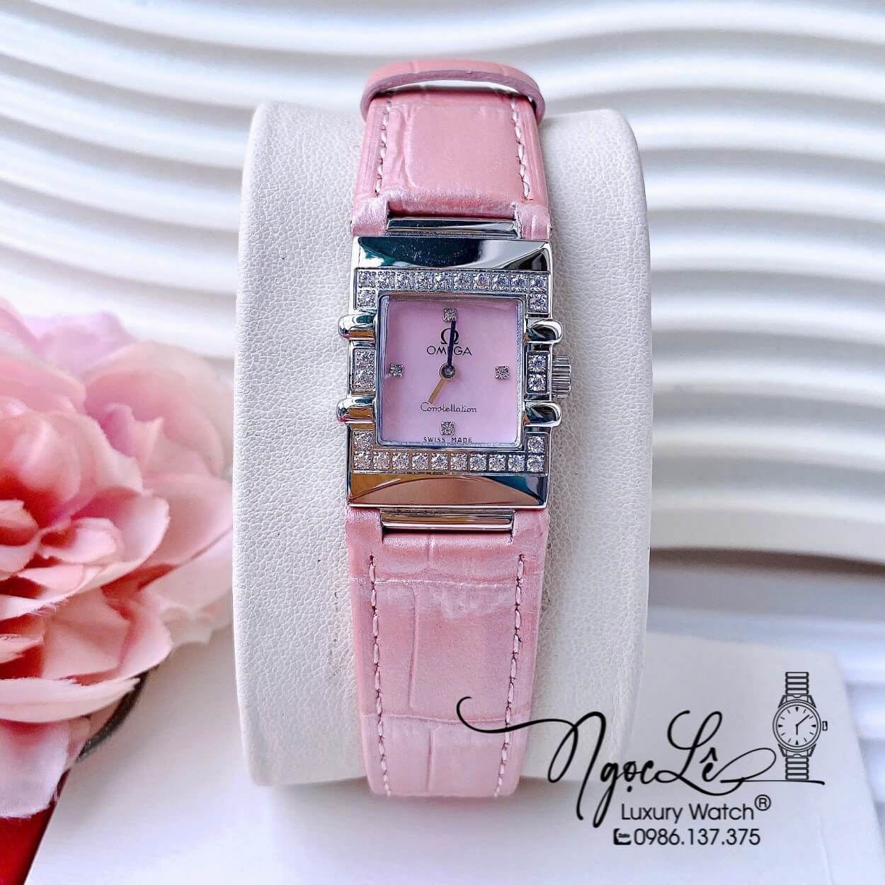 Đồng Hồ Nữ Omega Constellation Dây Da Hồng Mặt Vuông Xà Cừ Viền Đá Size 22x28mm - Quartz Japan