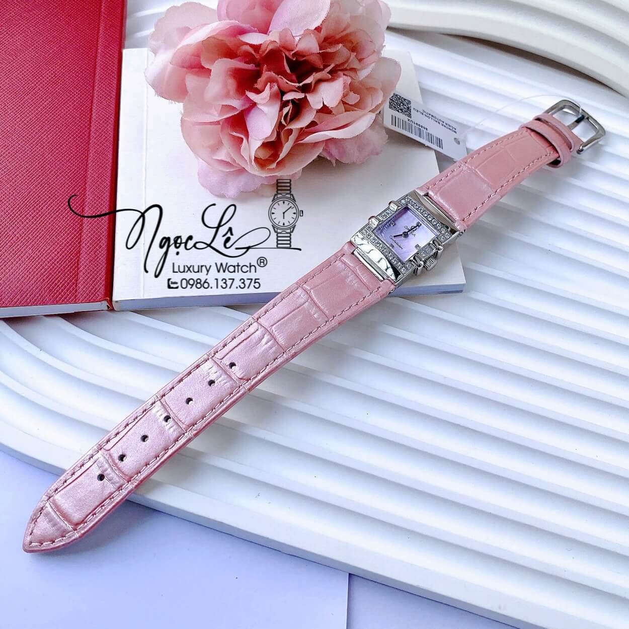 Đồng Hồ Nữ Omega Constellation Dây Da Hồng Mặt Vuông Xà Cừ Viền Đá Size 22x28mm - Quartz Japan