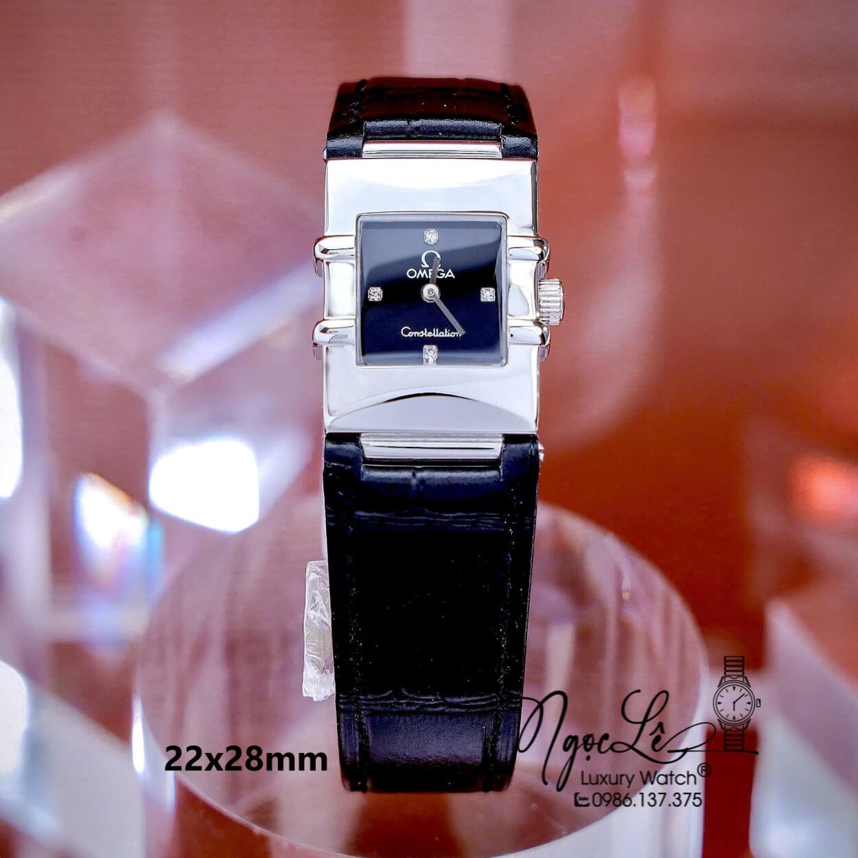 Đồng Hồ Nữ Omega Constellation Dây Da Màu Đen Mặt Vuông Niềng Trơn Size 22x28mm - Quartz Japan