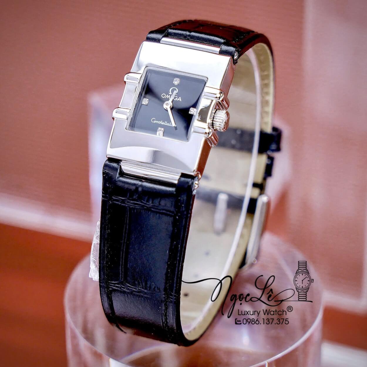 Đồng Hồ Nữ Omega Constellation Dây Da Màu Đen Mặt Vuông Niềng Trơn Size 22x28mm - Quartz Japan
