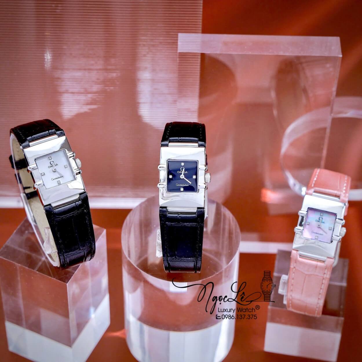 Đồng Hồ Nữ Omega Constellation Dây Da Màu Đen Mặt Vuông Niềng Trơn Size 22x28mm - Quartz Japan