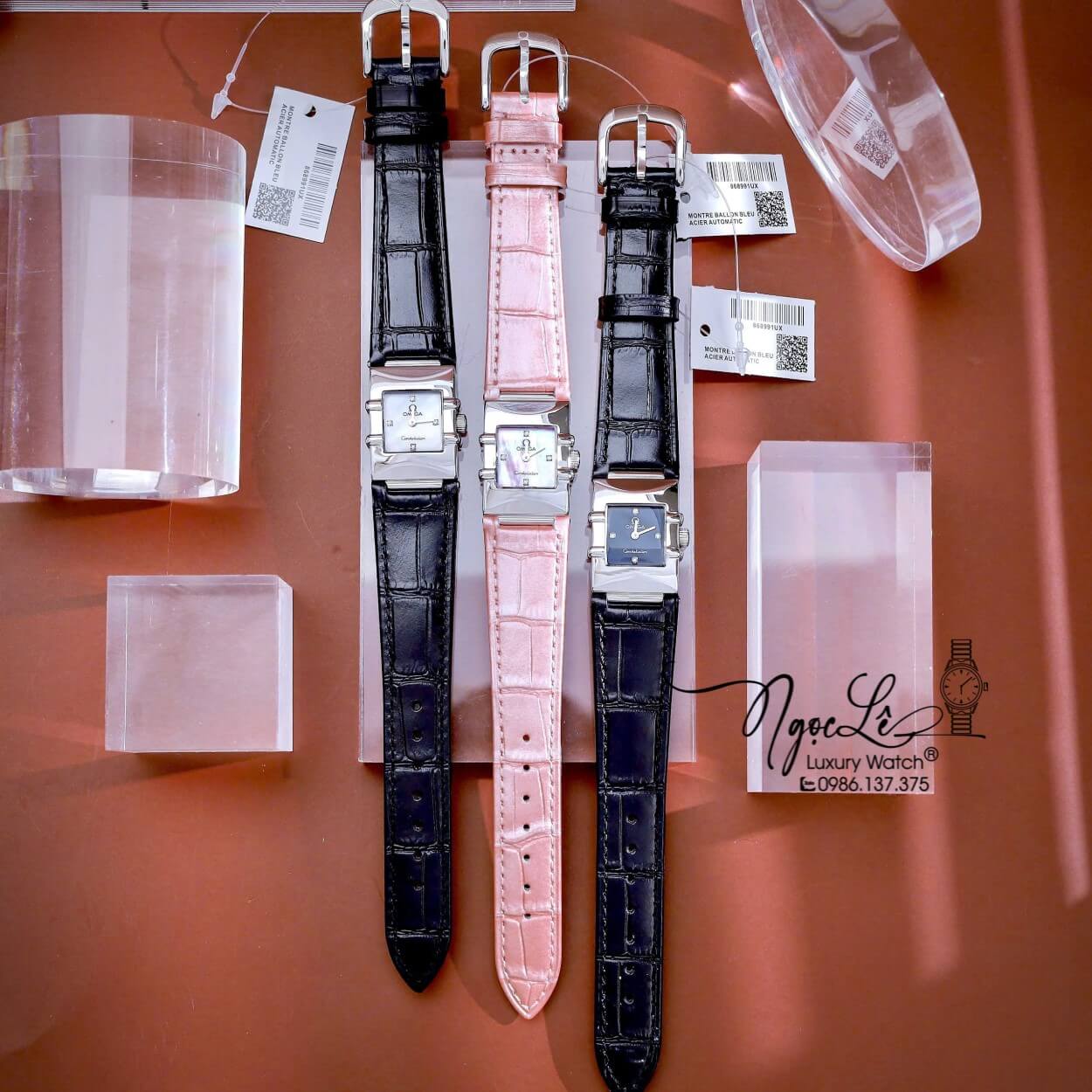 Đồng Hồ Nữ Omega Constellation Dây Da Màu Đen Mặt Vuông Niềng Trơn Size 22x28mm - Quartz Japan