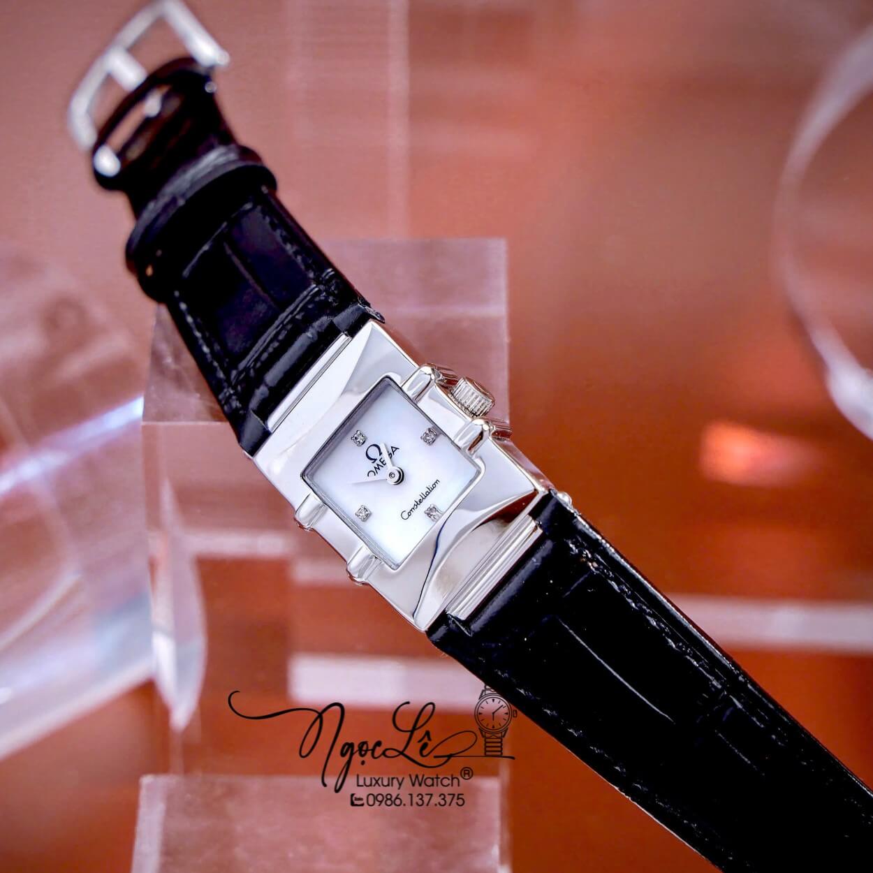 Đồng Hồ Nữ Omega Constellation Dây Da Màu Đen Mặt Vuông Trắng Niềng Trơn Size 22x28mm - Quartz Japan