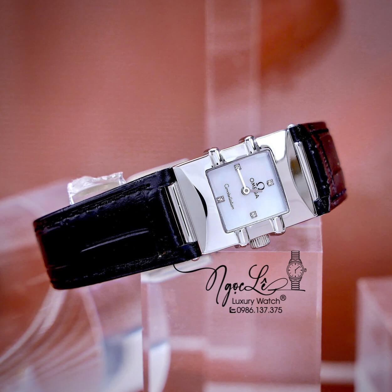 Đồng Hồ Nữ Omega Constellation Dây Da Màu Đen Mặt Vuông Trắng Niềng Trơn Size 22x28mm - Quartz Japan