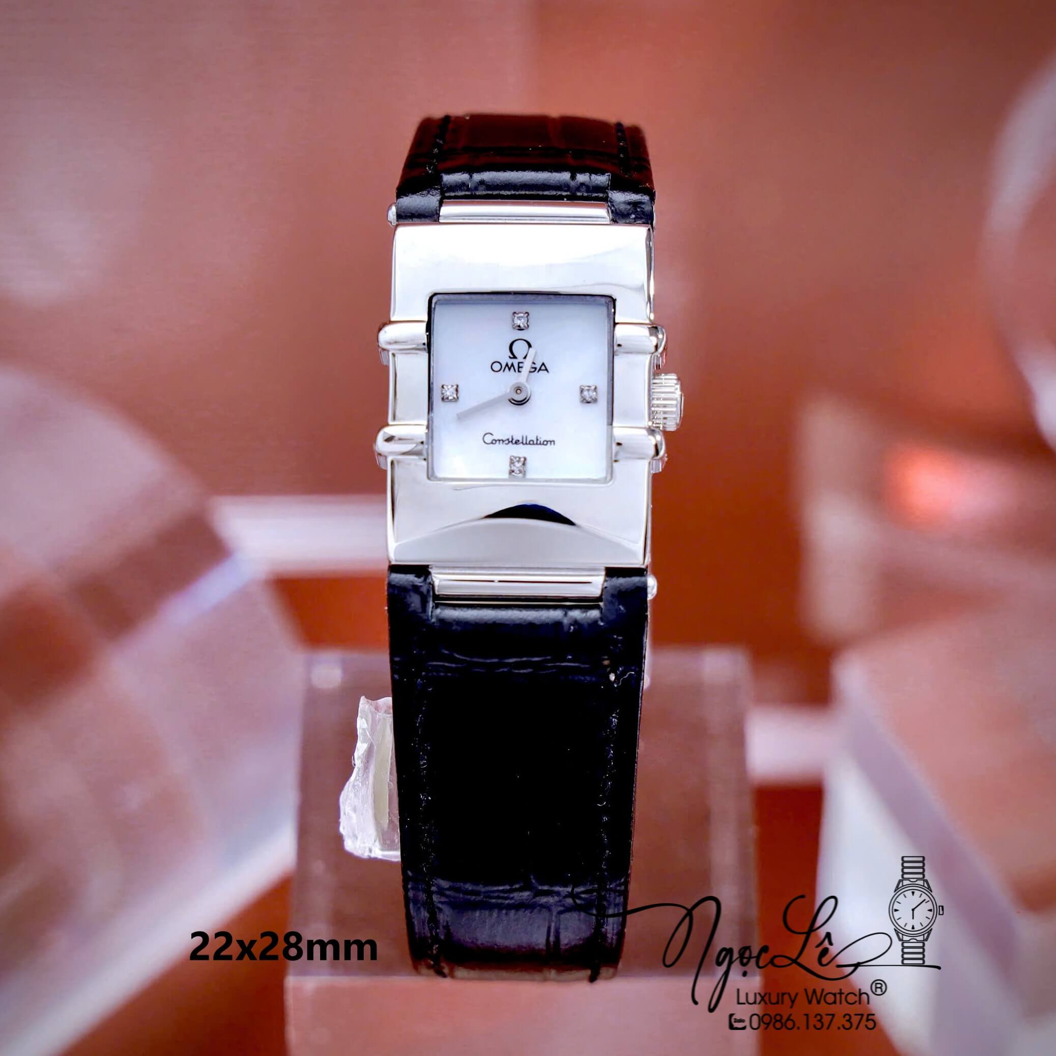 Đồng Hồ Nữ Omega Constellation Dây Da Màu Đen Mặt Vuông Trắng Niềng Trơn Size 22x28mm - Quartz Japan