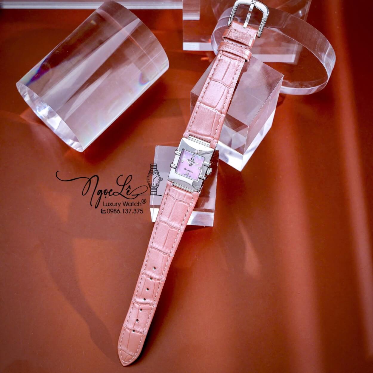Đồng Hồ Nữ Omega Constellation Dây Da Màu Hồng Mặt Vuông Trơn Size 22x28mm - Quartz Japan
