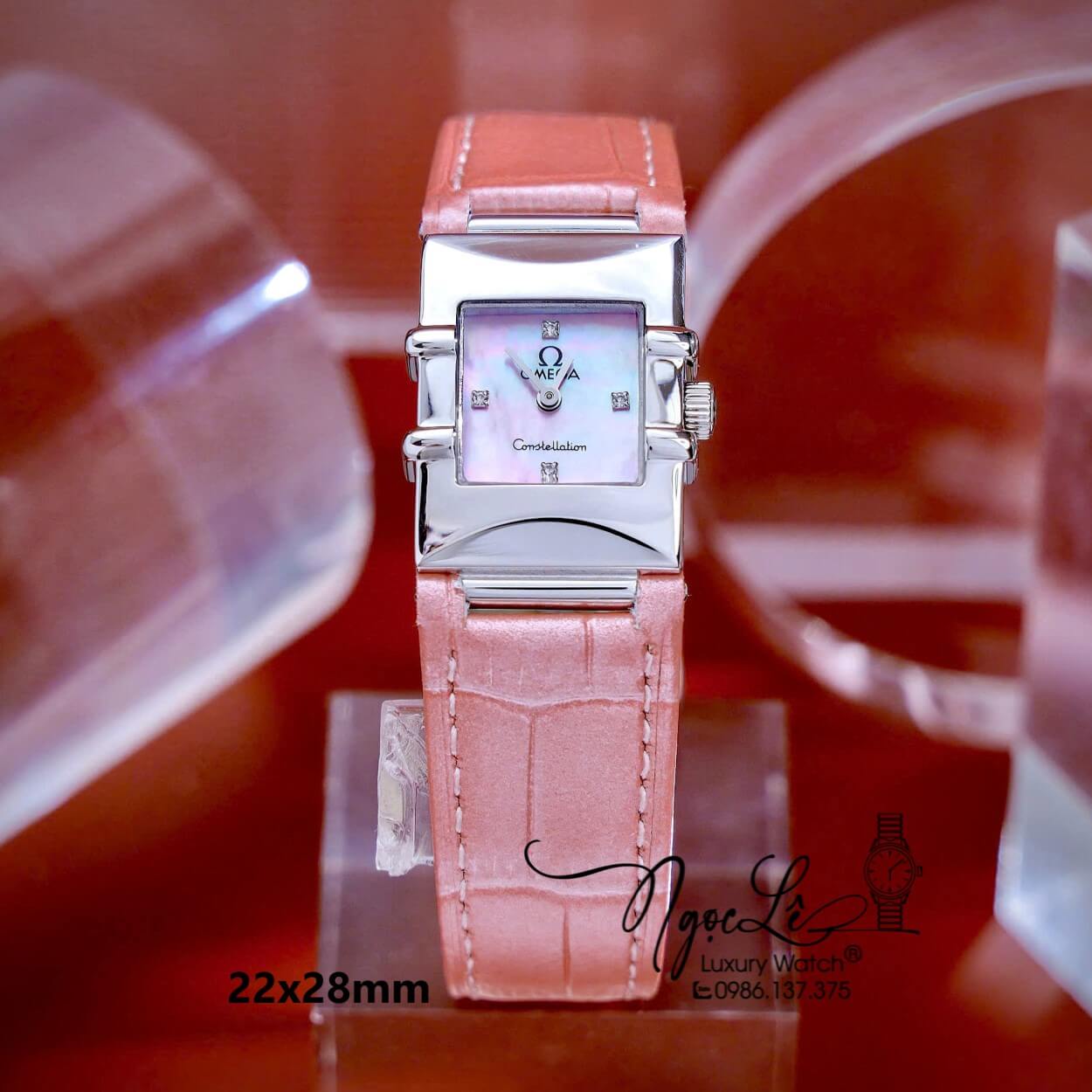 Đồng Hồ Nữ Omega Constellation Dây Da Màu Hồng Mặt Vuông Trơn Size 22x28mm - Quartz Japan