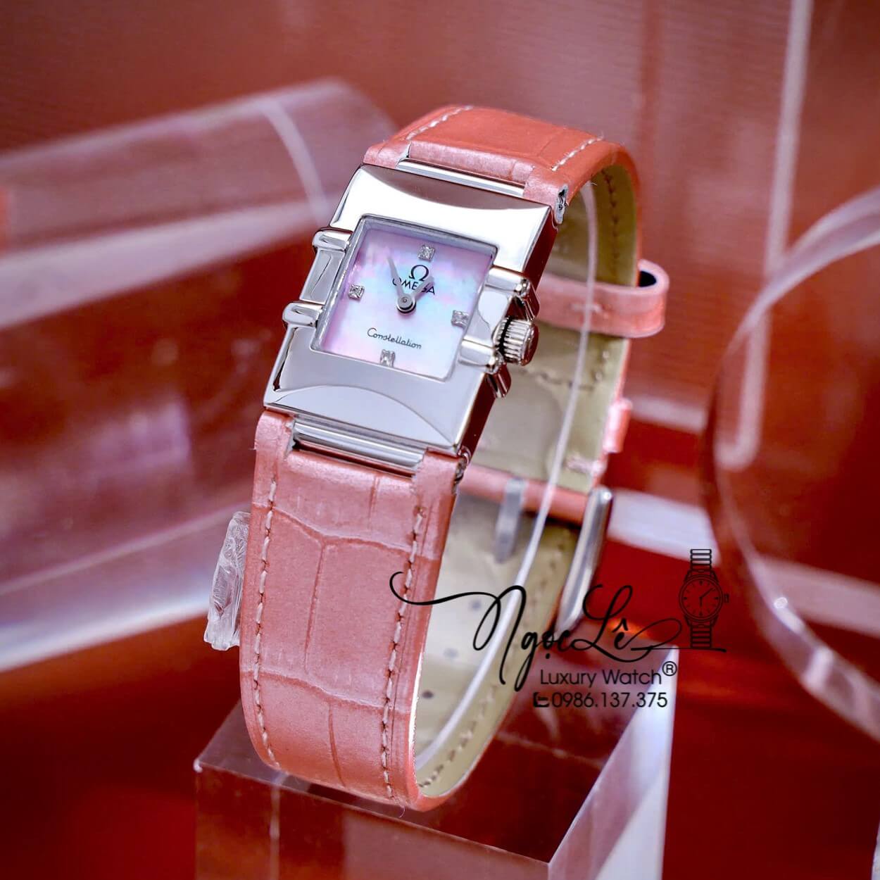 Đồng Hồ Nữ Omega Constellation Dây Da Màu Hồng Mặt Vuông Trơn Size 22x28mm - Quartz Japan