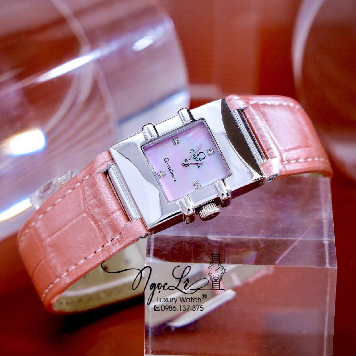Đồng Hồ Nữ Omega Constellation Dây Da Màu Hồng Mặt Vuông Trơn Size 22x28mm - Quartz Japan