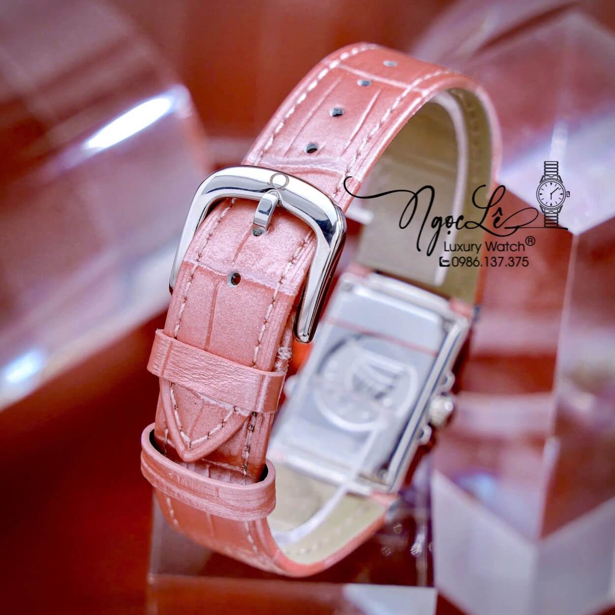 Đồng Hồ Nữ Omega Constellation Dây Da Màu Hồng Mặt Vuông Trơn Size 22x28mm - Quartz Japan