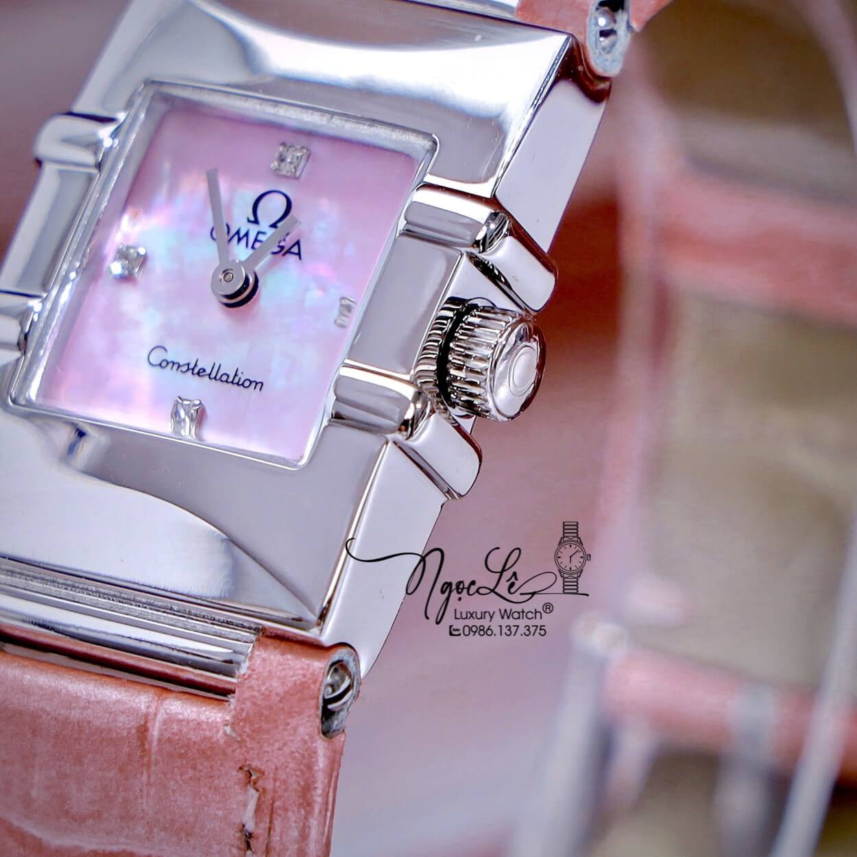 Đồng Hồ Nữ Omega Constellation Dây Da Màu Hồng Mặt Vuông Trơn Size 22x28mm - Quartz Japan