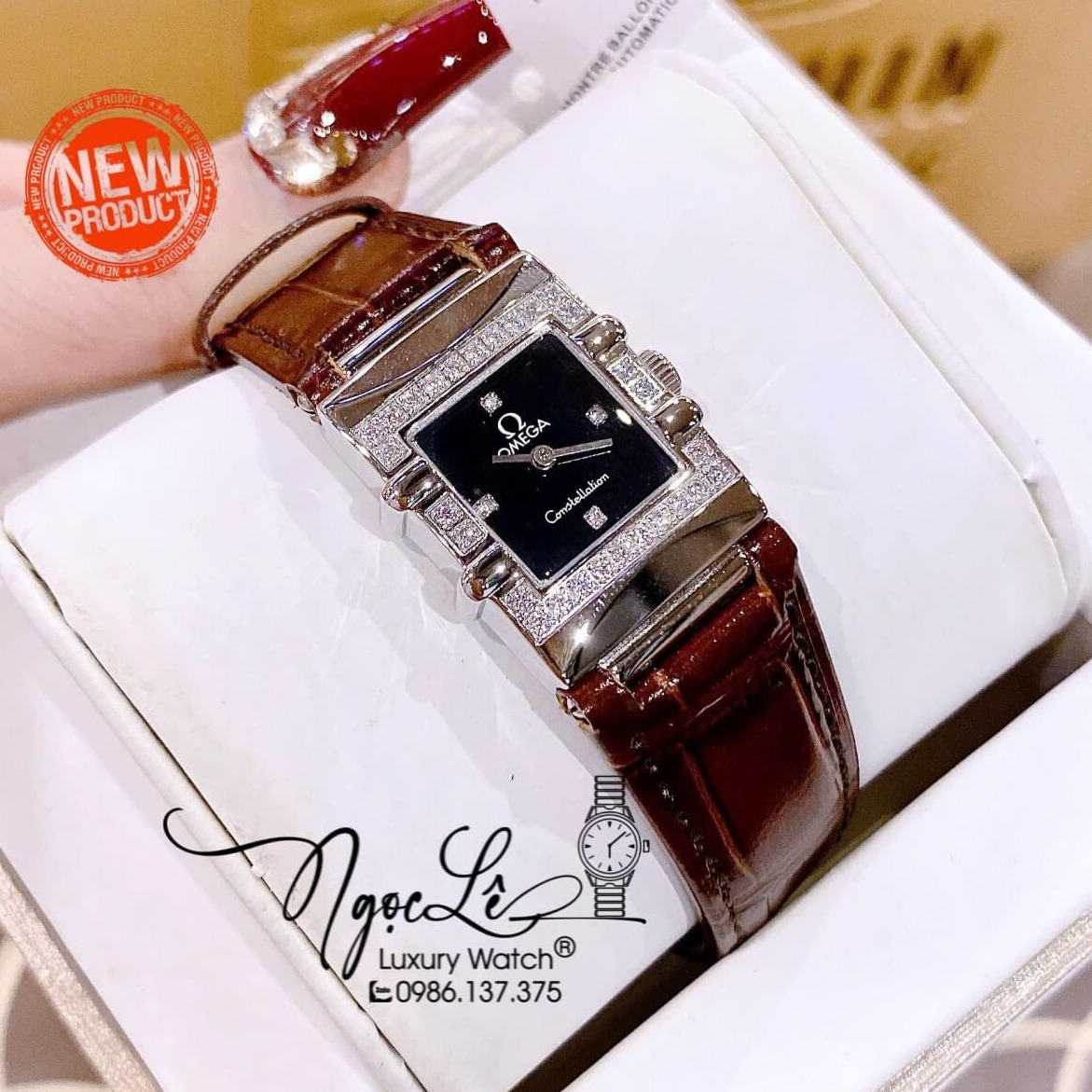 Đồng Hồ Nữ Omega Constellation Dây Da Nâu Mặt Vuông Viền Đá Size 22x28mm - Quartz Japan