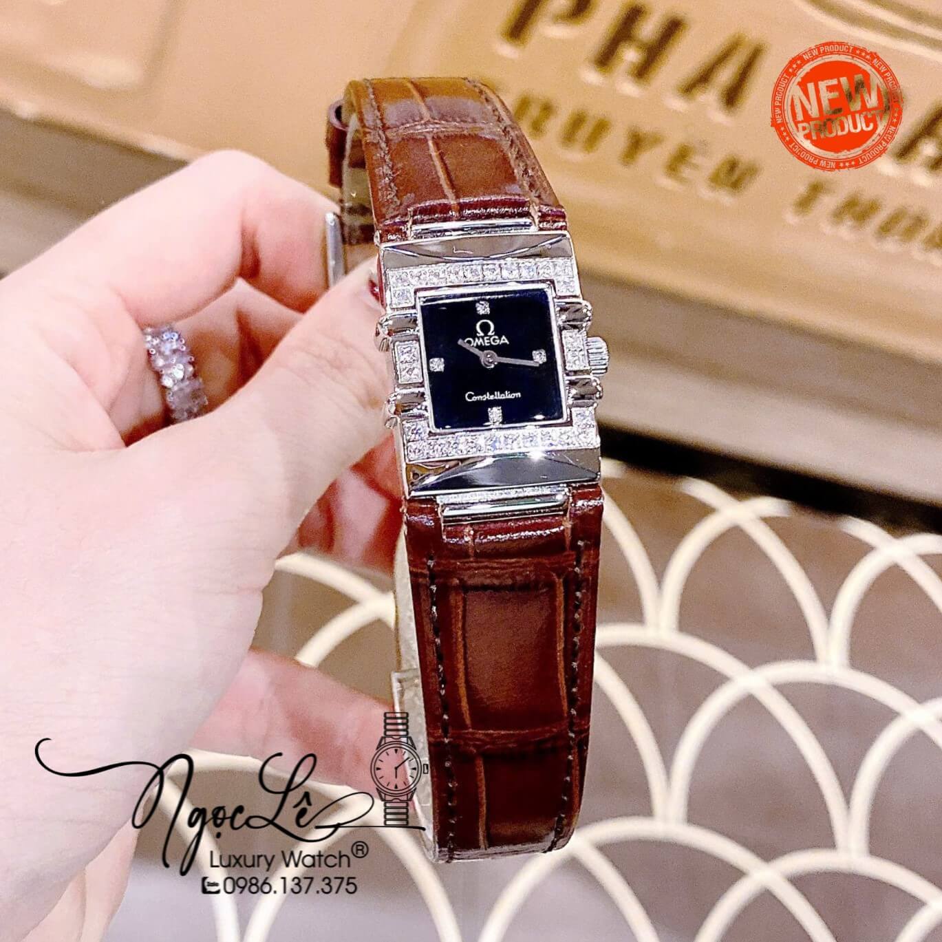 Đồng Hồ Nữ Omega Constellation Dây Da Nâu Mặt Vuông Viền Đá Size 22x28mm - Quartz Japan