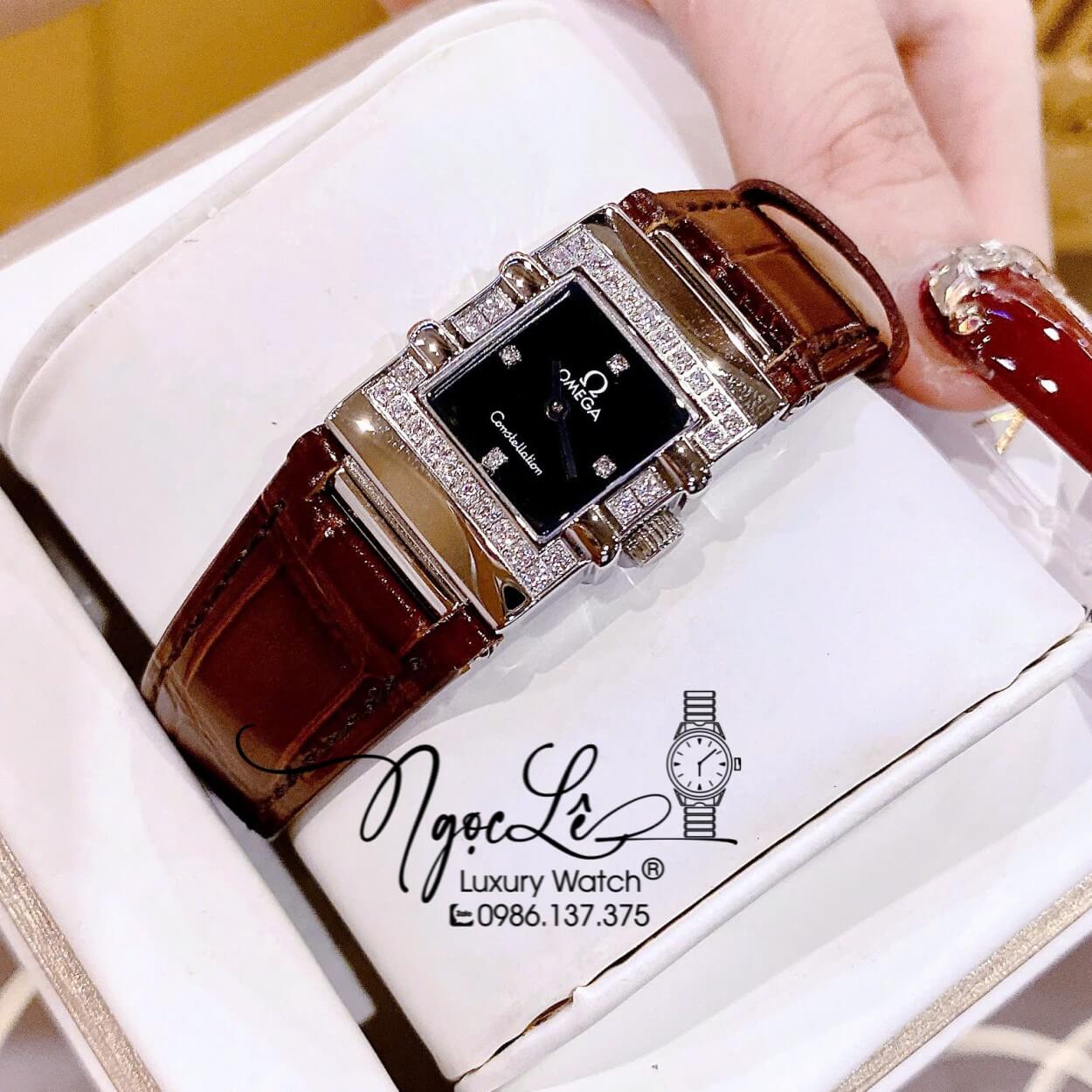 Đồng Hồ Nữ Omega Constellation Dây Da Nâu Mặt Vuông Viền Đá Size 22x28mm - Quartz Japan