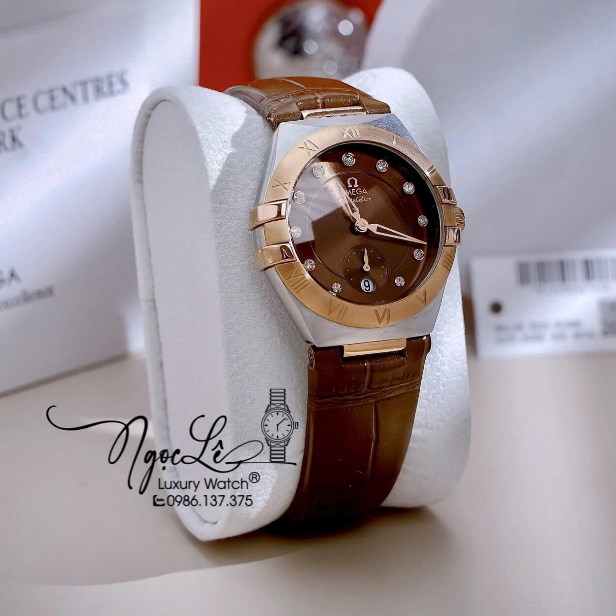 Đồng Hồ Nữ Omega Constellation Dây Da Nâu Vỏ Demi Rose Niềng Trơn Size 34mm - Quartz Japan