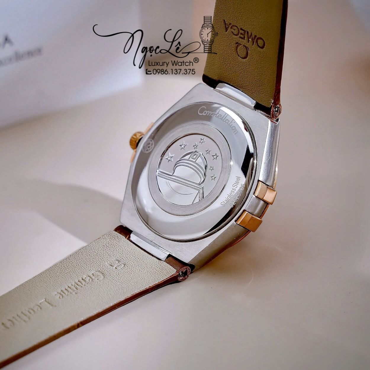 Đồng Hồ Nữ Omega Constellation Dây Da Nâu Vỏ Demi Rose Niềng Trơn Size 34mm - Quartz Japan