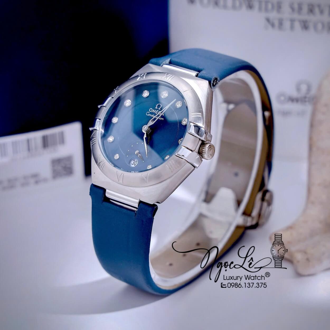 Đồng Hồ Nữ Omega Constellation Dây Da Xanh Dương Vỏ Silver Niềng Trơn Size 34mm - Quartz Japan