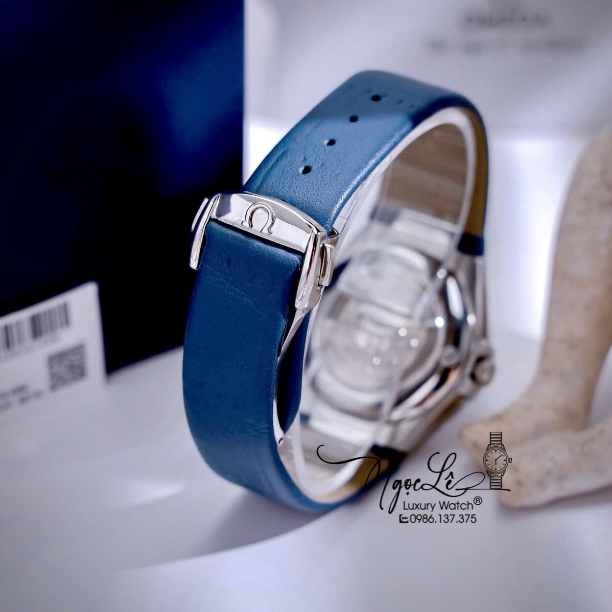 Đồng Hồ Nữ Omega Constellation Dây Da Xanh Dương Vỏ Silver Niềng Trơn Size 34mm - Quartz Japan